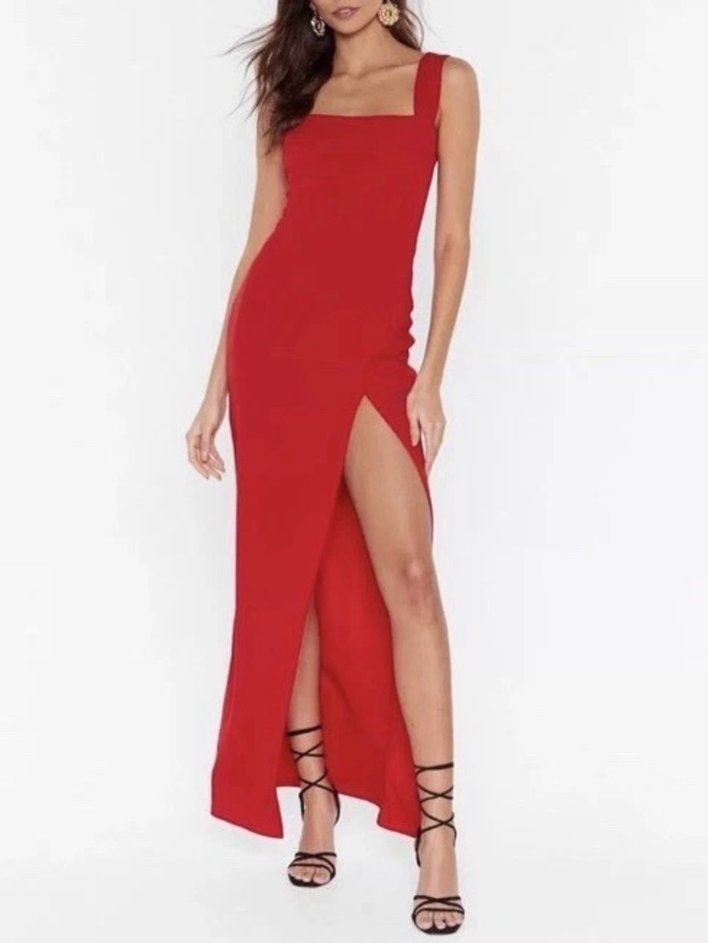 Nasty Gal Bold Red Maxi Square Neckline Dress with Slit up to Mini Length